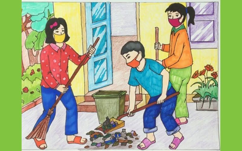 Vẽ học sinh đang quét rác