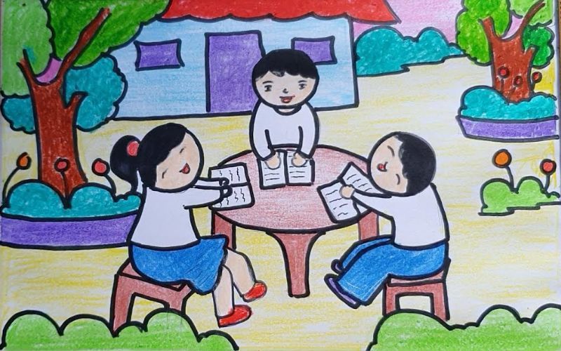 Vẽ học sinh ngồi đọc sách